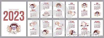 Annual Calendar 2023. Yoga Animals. set of templates for 12 months 2023 and cover with cute sheep yoga Vector Illustration